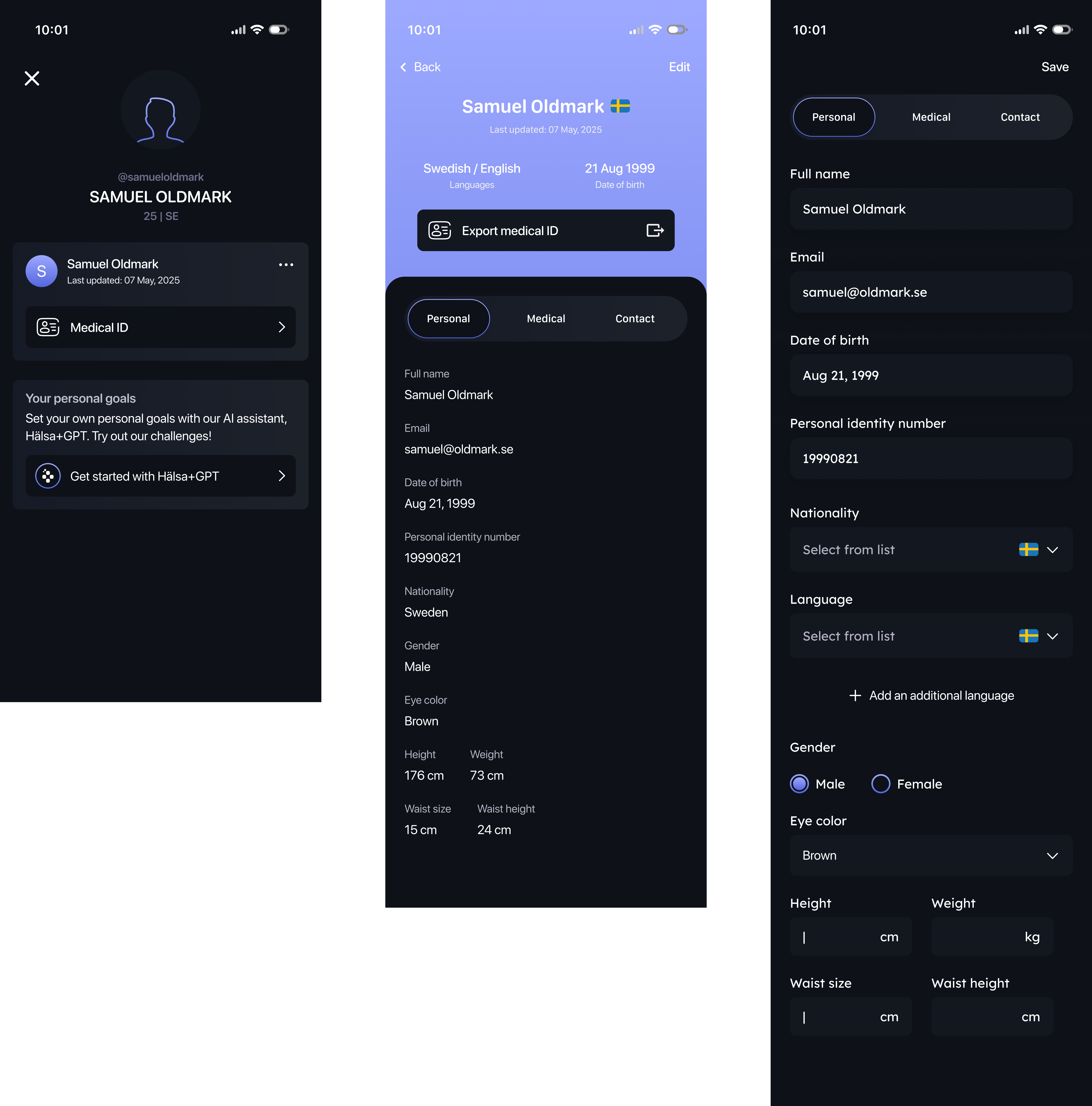Medical ID flow screens with emergency fields prioritized.